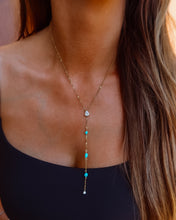 Load image into Gallery viewer, Turquoise and Cz Dainty Gold Lariat Necklace