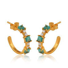 Load image into Gallery viewer, Rita Diamond and Turquoise Gold Hoops