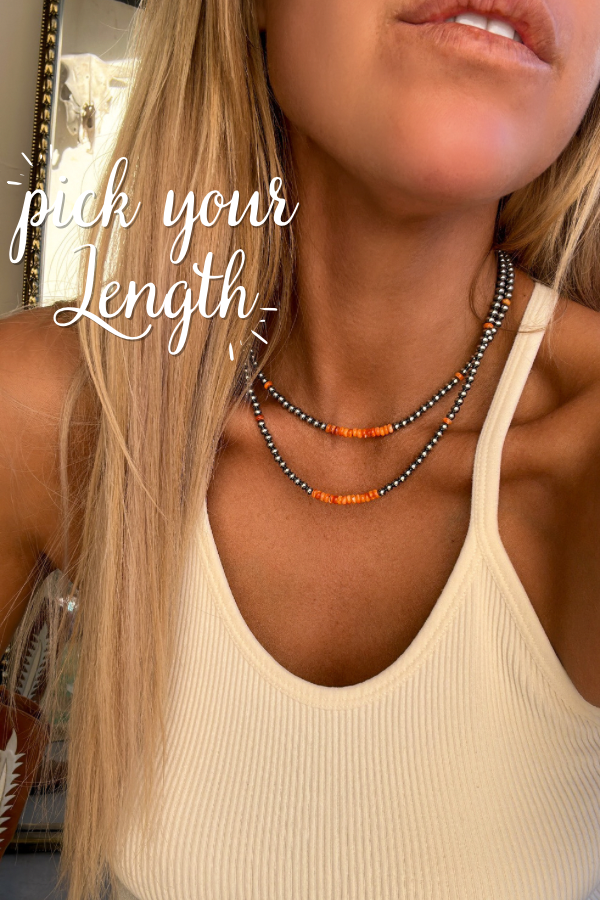 4 MM Orange Spiny Oyster Navajo Style Pearls - Turnback Pony ™ - Necklace