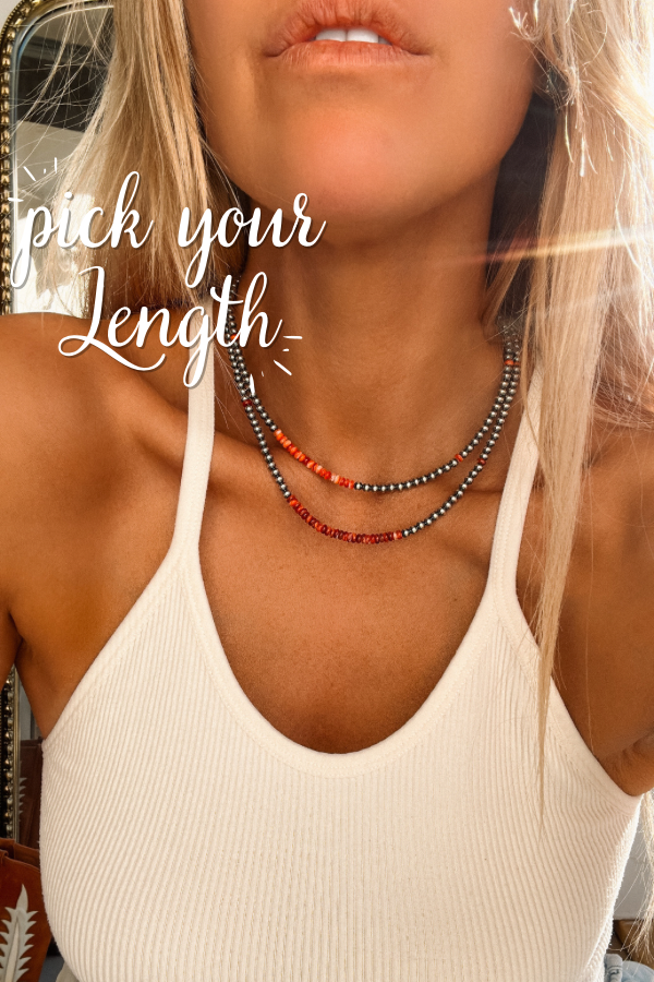 4mm Red Spiny Oyster Navajo Style Pearls Necklace - Turnback Pony ™ - Necklace