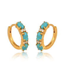 Load image into Gallery viewer, Anya Diamond and Turquoise Gold Huggies
